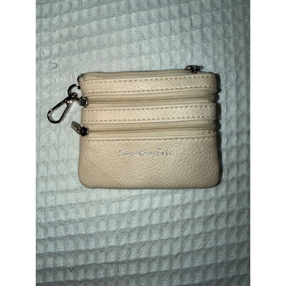 Save‎ the Girls Coin Purse Womens Small Beige Faux Leather Triple Zip Keychain